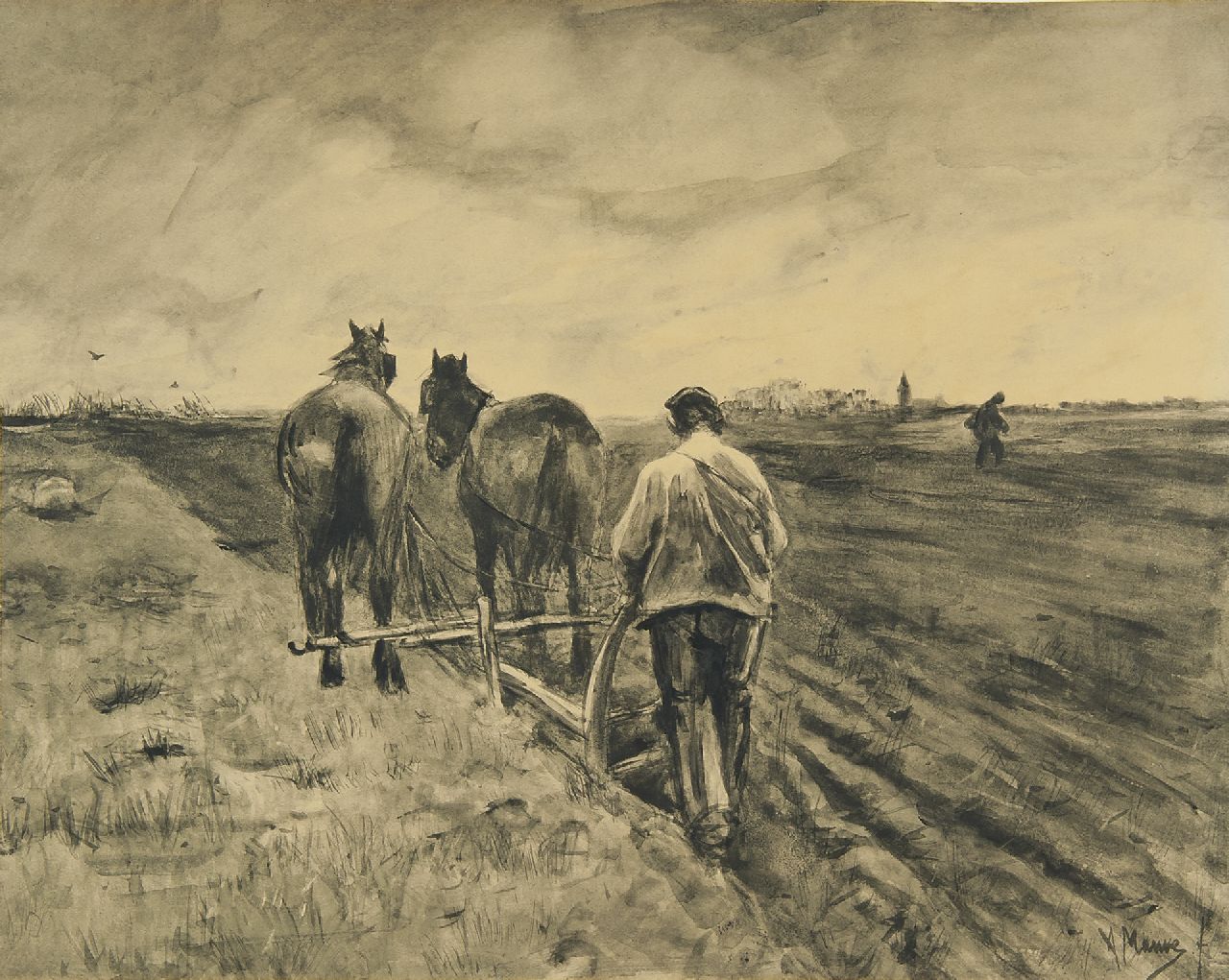 Mauve A.  | Anthonij 'Anton' Mauve, Ploeger met twee paarden, penseel en inkt op papier 39,0 x 51,0 cm, gesigneerd rechtsonder
