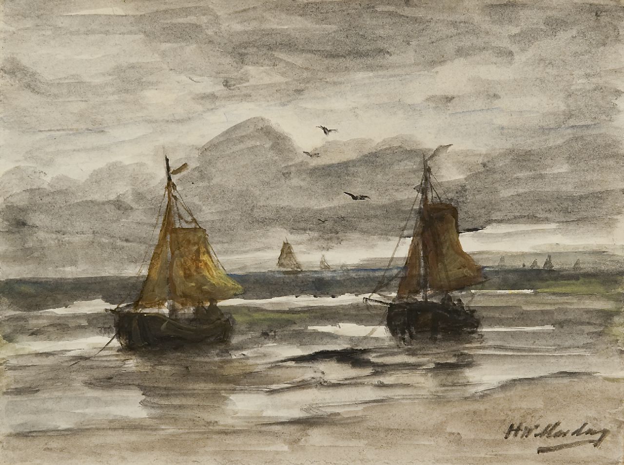 Mesdag H.W.  | Hendrik Willem Mesdag, Twee visserspinken voor anker, aquarel op papier 18,1 x 24,1 cm, gesigneerd rechtsonder