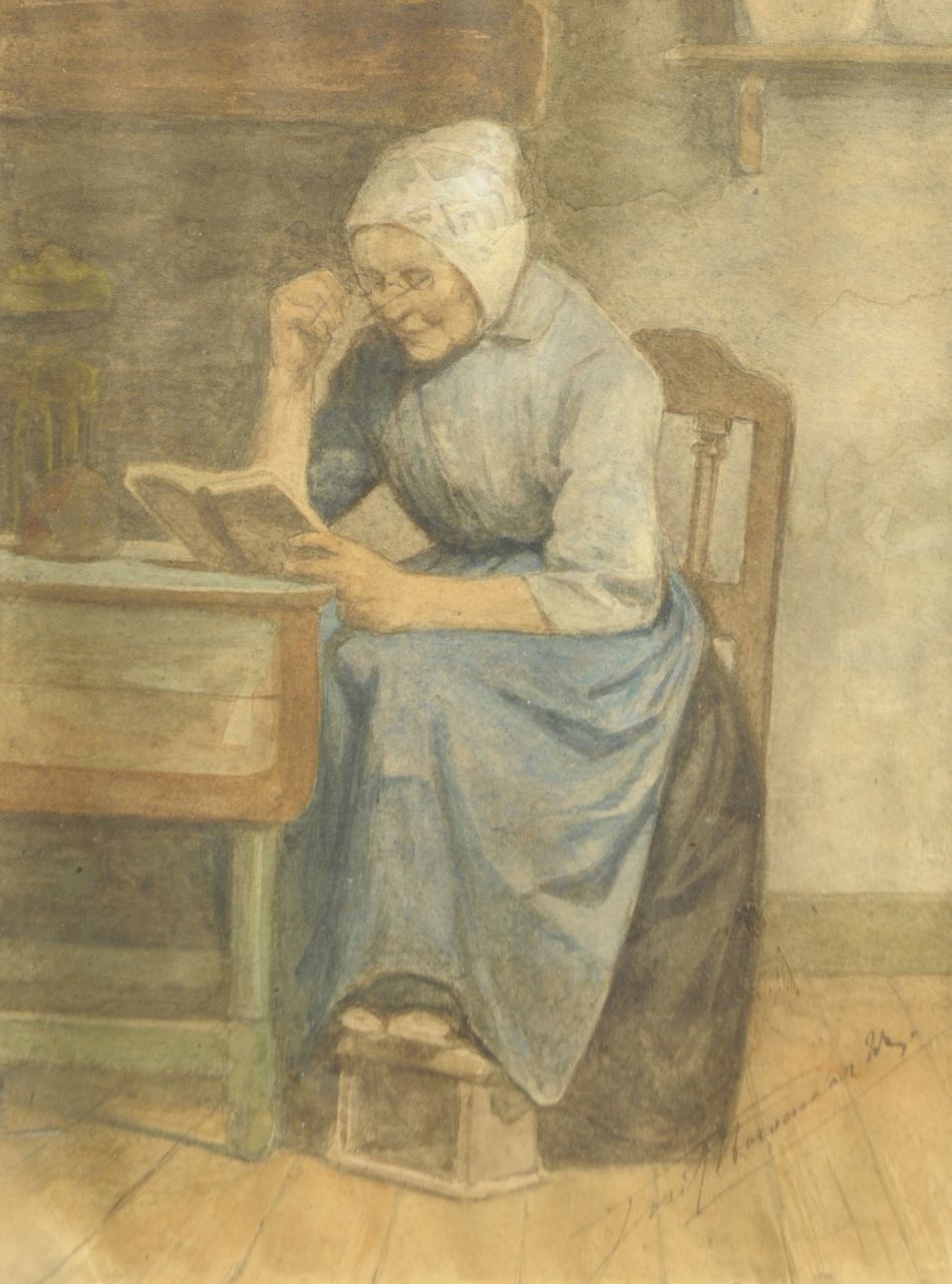Hoevenaar J.  | Jozef Hoevenaar, Lezende vrouw, aquarel op papier 23,3 x 17,3 cm, gesigneerd rechtsonder