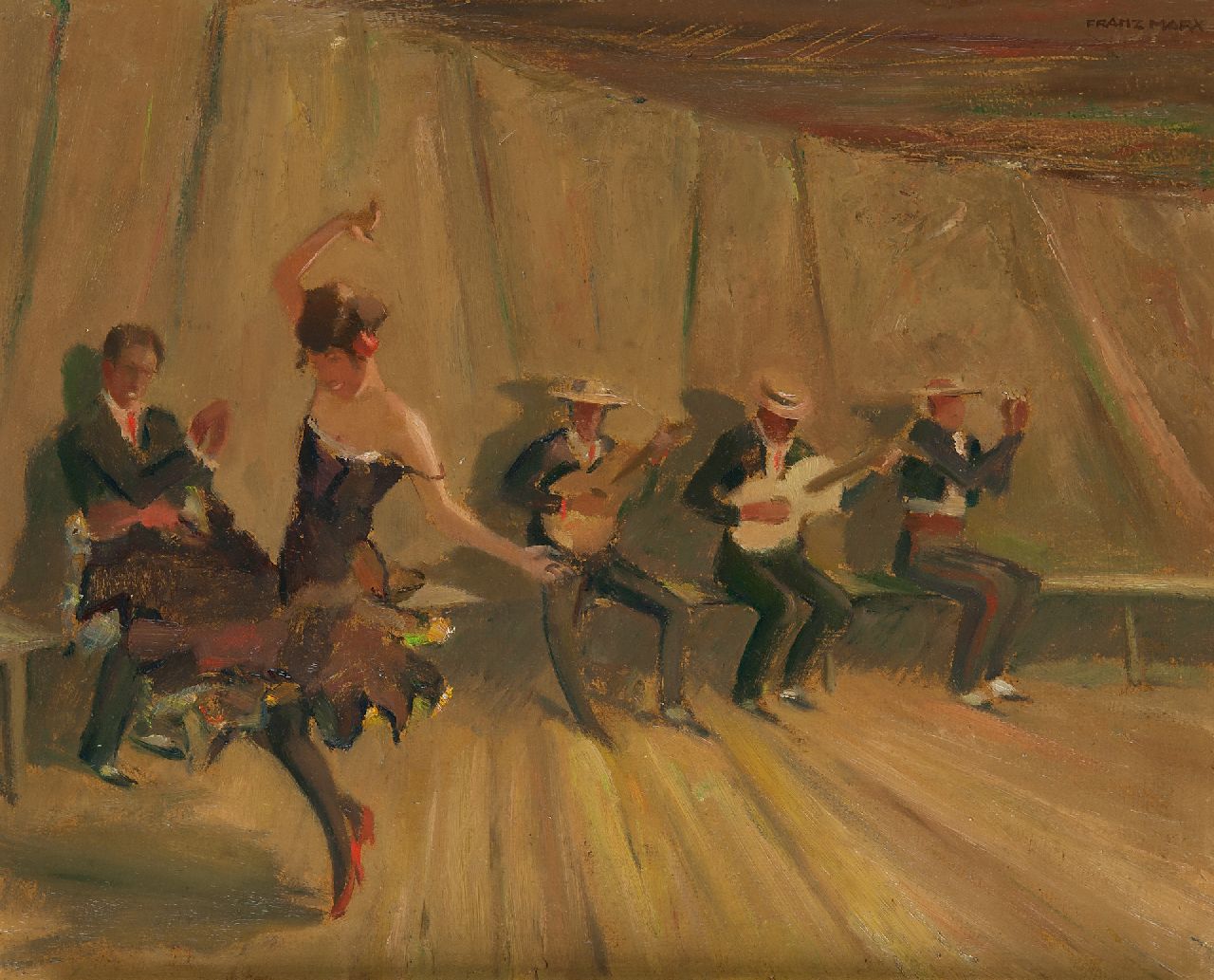 Marx F.  | Franz Marx | Schilderijen te koop aangeboden | Flamencodanseres en muzikanten, olieverf op board 44,5 x 54,8 cm, gesigneerd rechtsboven