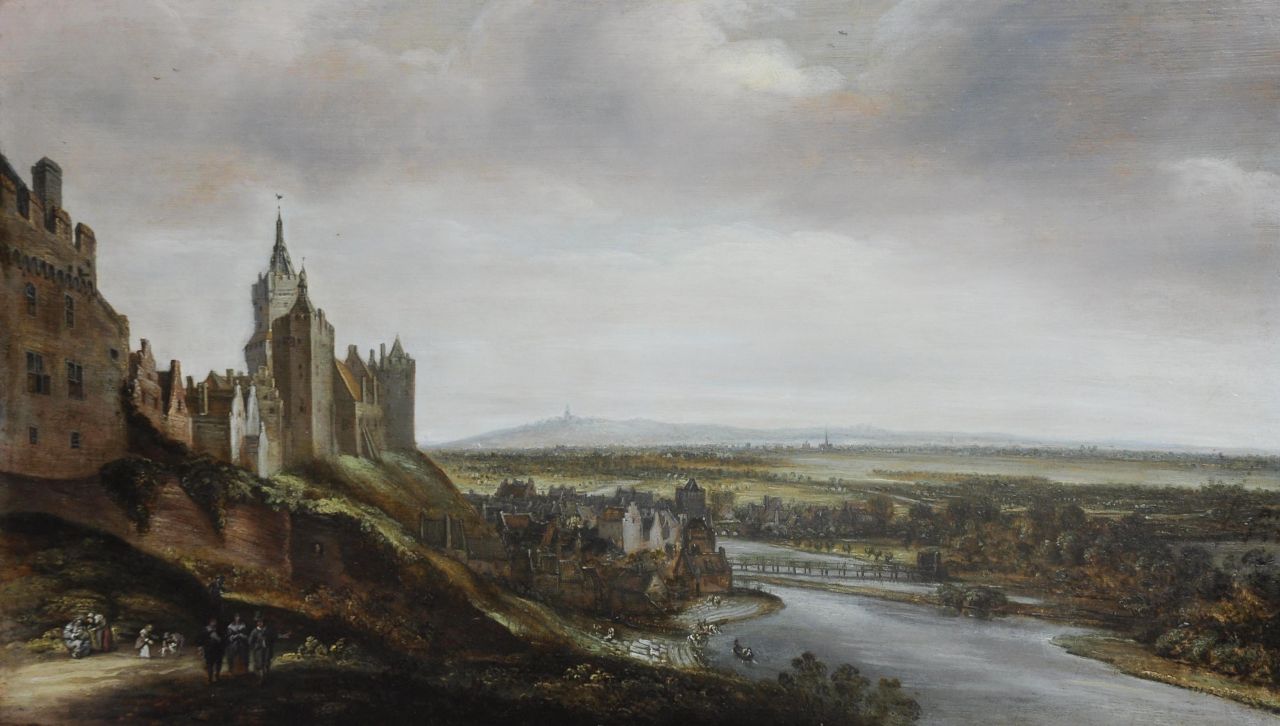 Jacob Koninck | Bleekvelden bij Kleef met kasteel Schwanenburg, olieverf op paneel, 41,5 x 71,9 cm, te dateren ca. 1650-1700