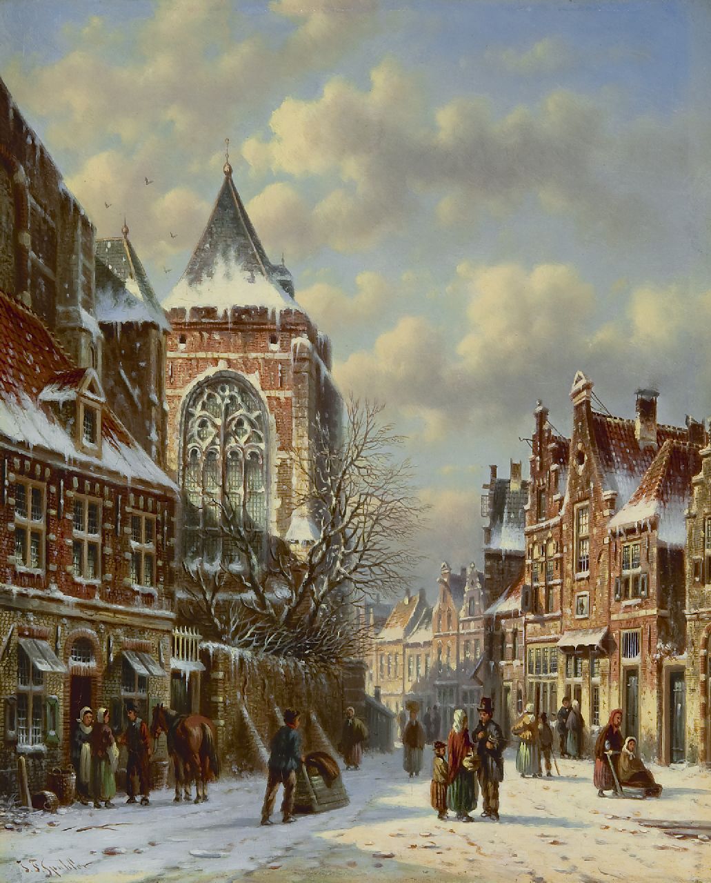 Spohler J.F.  | Johannes Franciscus Spohler, Kerkplein in de sneeuw, olieverf op paneel 26,3 x 21,3 cm, gesigneerd linksonder