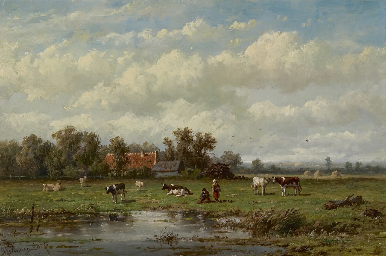 Wijngaerdt A.J. van | Anthonie Jacobus van Wijngaerdt, Weidelandschap met vee, olieverf op paneel 24,1 x 36,5 cm, gesigneerd linksonder