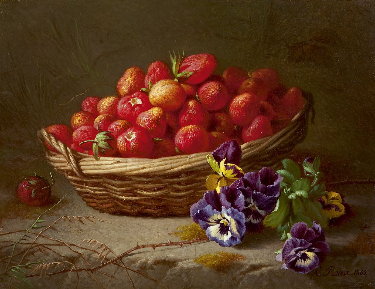 Raoux A.  | Albert Raoux, Aardbeien in mand, olieverf op paneel 27,9 x 36,2 cm, gesigneerd rechtsonder en gedateerd 1865