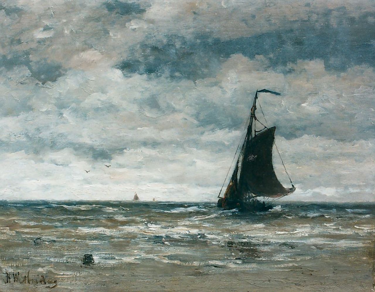 Mesdag H.W.  | Hendrik Willem Mesdag, Bomschuit voor de kust, olieverf op doek 40,0 x 51,0 cm, gesigneerd linksonder