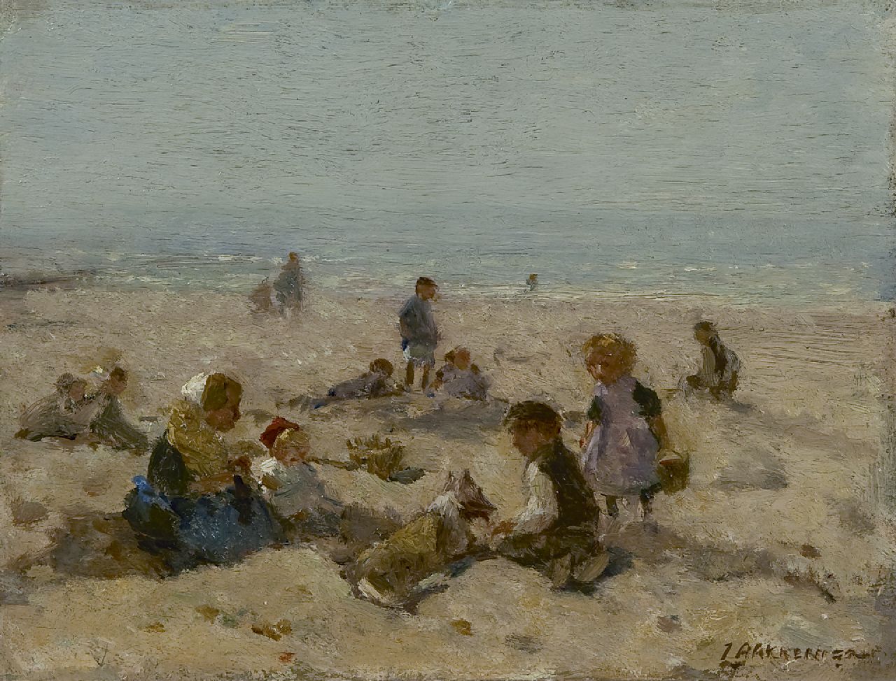 Akkeringa J.E.H.  | 'Johannes Evert' Hendrik Akkeringa, Spelende kinderen op het strand van Scheveningen, olieverf op paneel 15,4 x 20,3 cm, gesigneerd rechtsonder
