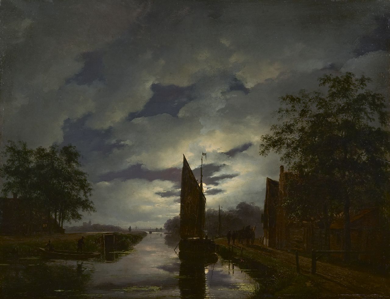 Schelfhout A.  | Andreas Schelfhout, Maanverlicht landschap met roeiboot en afgemeerde zeilschepen, olieverf op paneel 38,2 x 49,3 cm, gesigneerd rechtsonder en te dateren ca. 1822