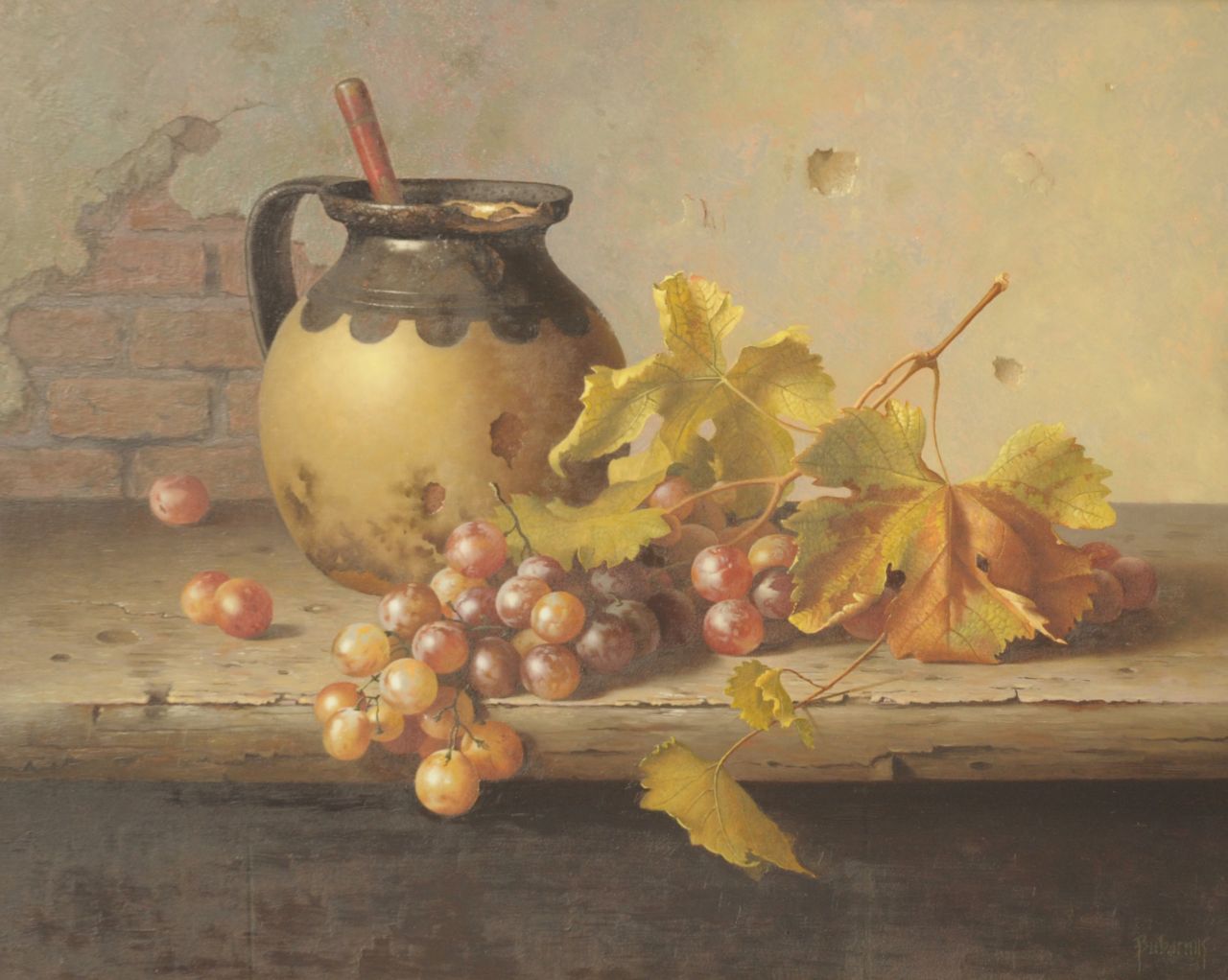 Bubarnik G.  | Gyula Bubarnik, Stilleven van kan met druiven, olieverf op triplex 40,5 x 50,0 cm, gesigneerd rechtsonder