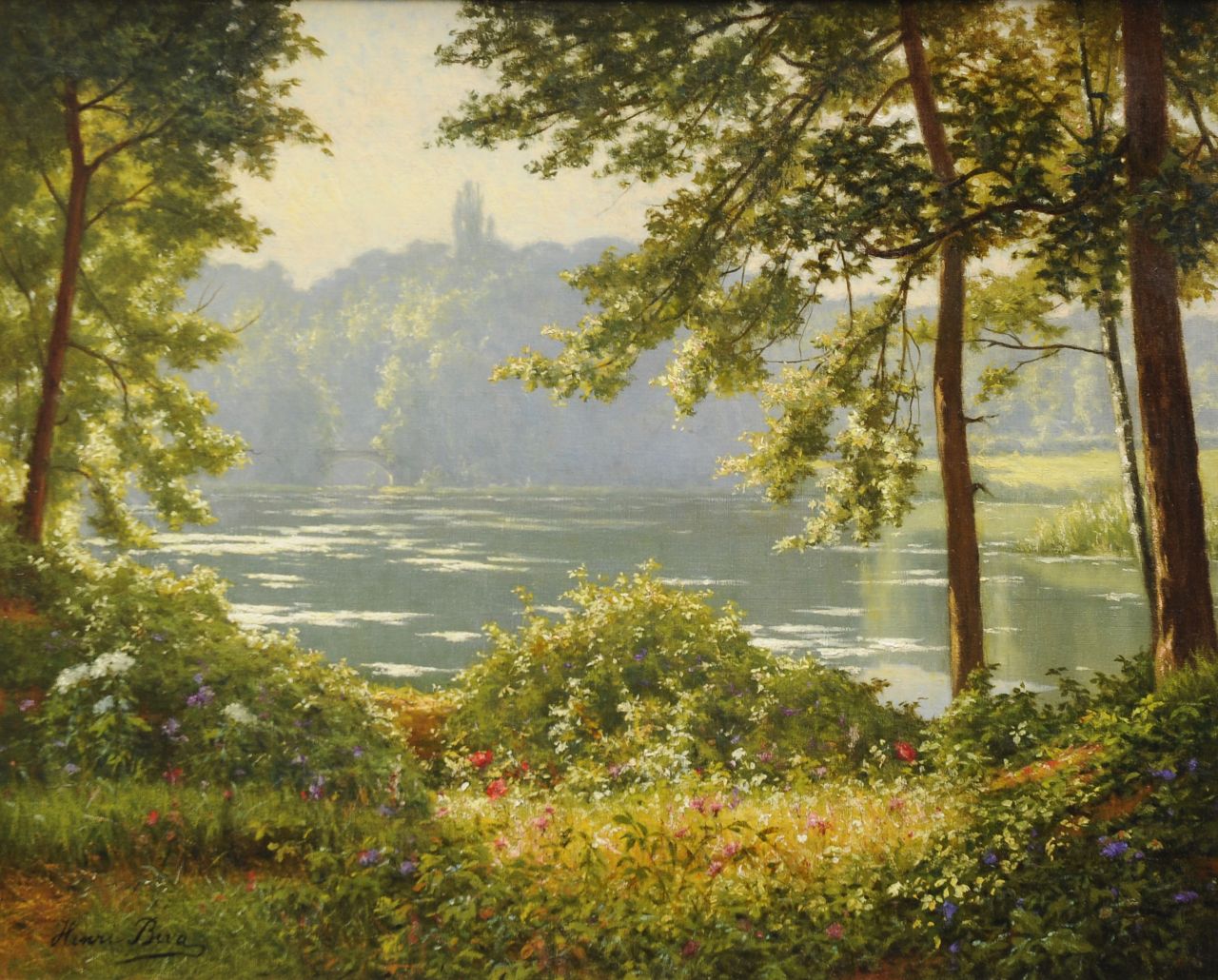 Henri Biva | Ochtendgloren over het meer, olieverf op doek, 65,5 x 81,3 cm, gesigneerd l.o.