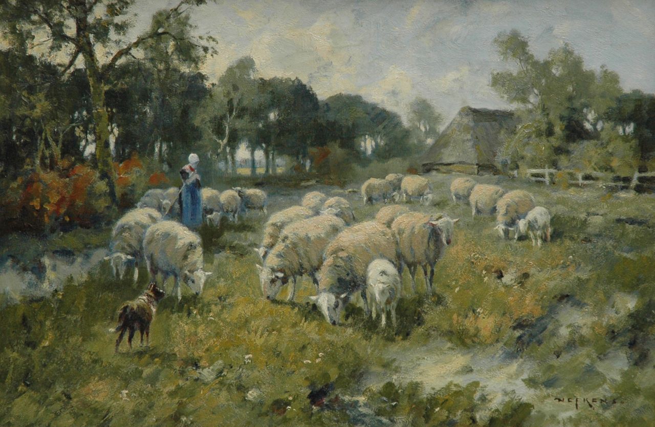 Nefkens M.J.  | Martinus Jacobus Nefkens, Veluwse herderin met schapen, olieverf op doek 40,8 x 61,5 cm, gesigneerd rechtsonder