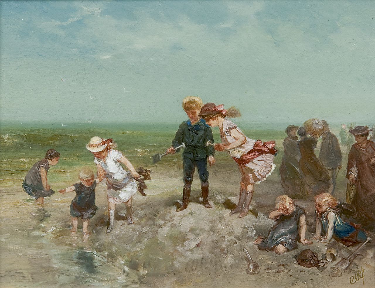 Rochussen Ch.  | Charles Rochussen, Spelende stadskinderen op het strand, olieverf op paneel 16,0 x 20,8 cm, gesigneerd rechtsonder met initialen en te dateren ca. 1881