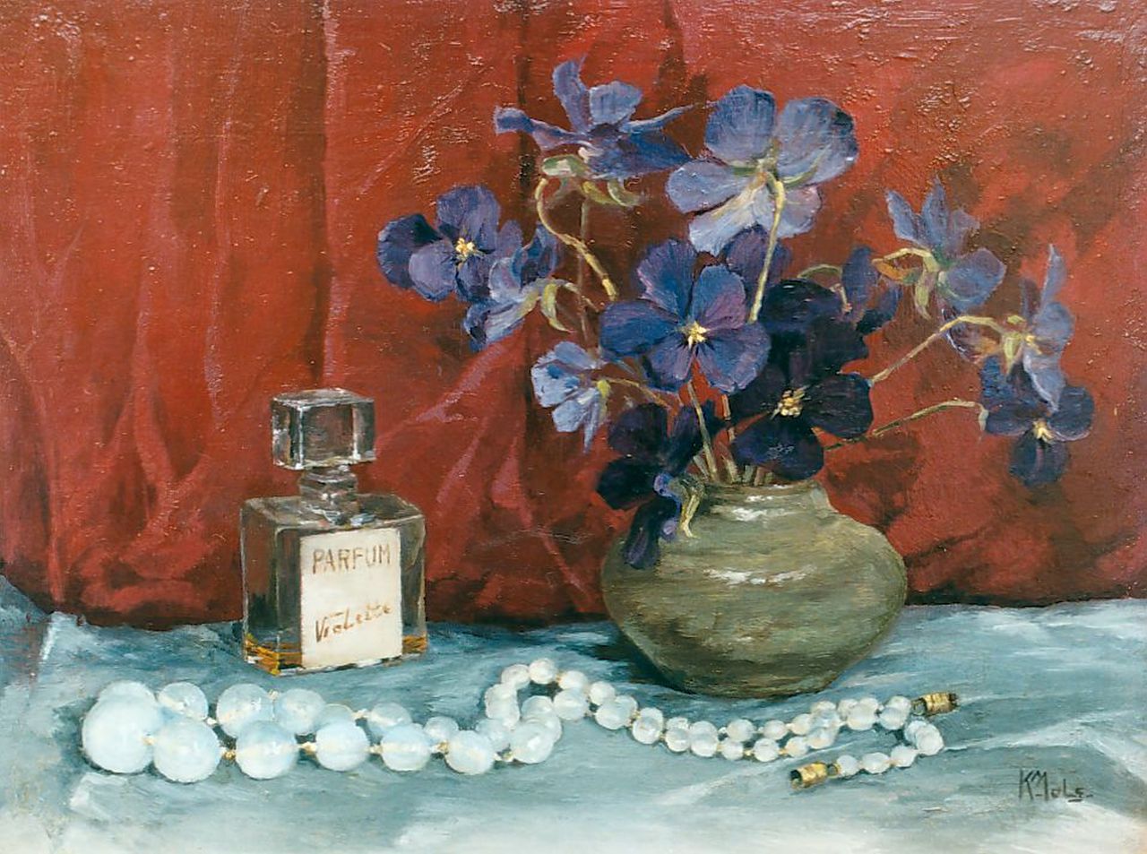 Karel Mols | Stilleven met viooltjes in vaas en parfumfles, olieverf op paneel, 18,5 x 24,5 cm, gesigneerd r.o.