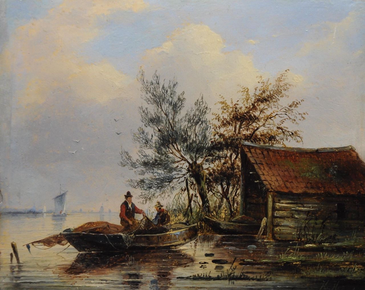 Hendriks G. | Gerardus 'George Henry' Hendriks, Vissers in een roeiboot bij zonsopgang, olieverf op paneel 16,2 x 20,1 cm, gesigneerd rechtsonder met monogram 'H.H.' Hendriks G. | Gerardus 'George Henry' Hendriks, Vissers in een roeiboot bij zonsopgang, olieverf op paneel 16,2 x 20,1 cm, gesigneerd rechtsonder met monogram 'H.H.'