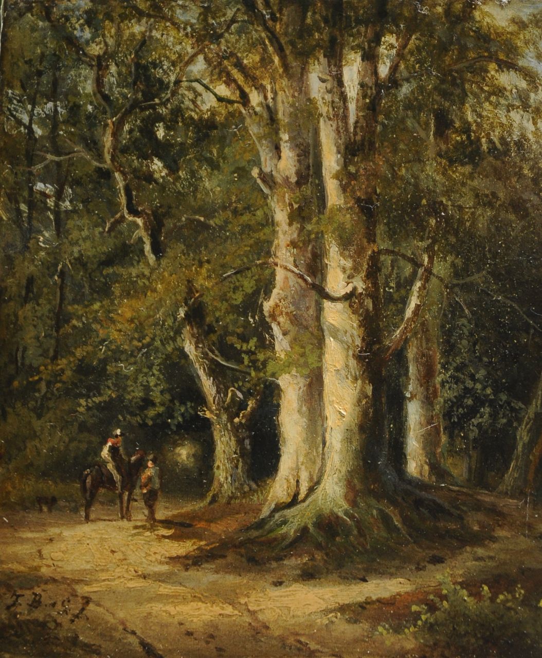 Breuhaus de Groot F.  | Frans Breuhaus de Groot, Ruiter en wandelaar op een bospad, olieverf op paneel 12,2 x 10,3 cm, gesigneerd linksonder met initialen