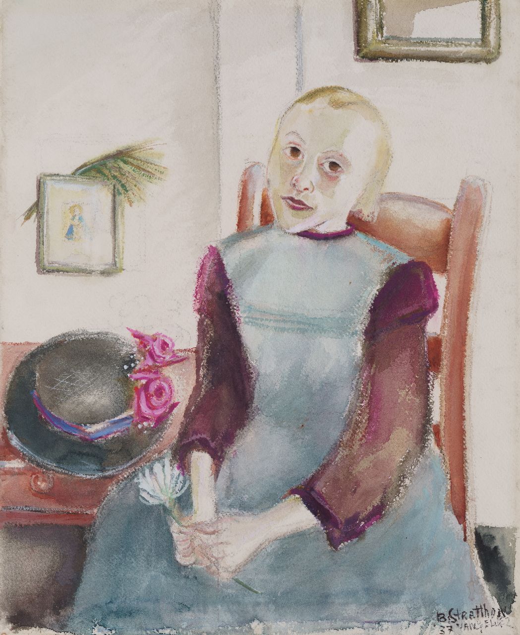Gelder R. van | Rebecca 'Bobette' van Gelder, Meisje met bloem, aquarel op papier 50,0 x 41,6 cm, gesigneerd rechtsonder met pseudoniem 'B. Stratthon van Gelder' en gedateerd '37