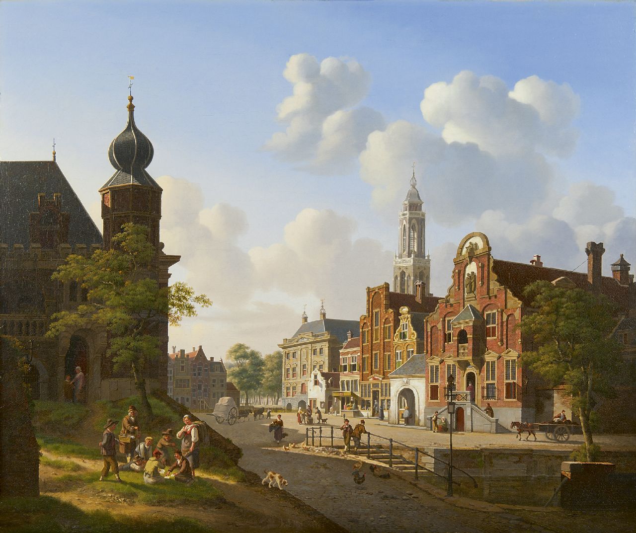 Verheijen J.H.  | Jan Hendrik Verheijen, Zonnig stadsgezicht met kaartspelers op de voorgrond, olieverf op doek 66,9 x 79,6 cm, gesigneerd rechtsonder