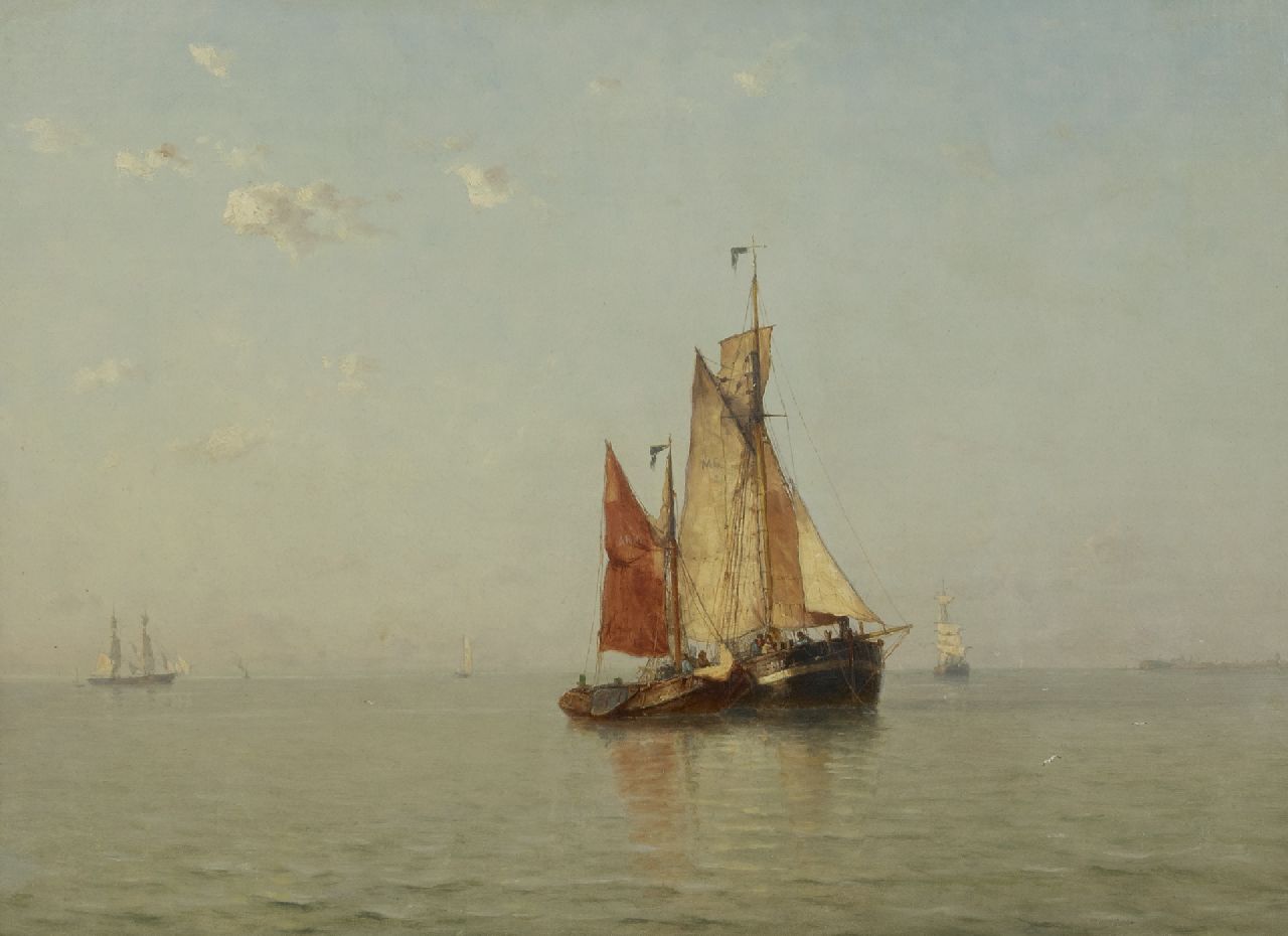 Schütz J.F. | Jan Frederik Schütz, Zeilschepen voor anker op rustig water, Zeeland, olieverf op doek 52,5 x 71,0 cm, gesigneerd linksonder en gedateerd '86 Schütz J.F. | Jan Frederik Schütz, Zeilschepen voor anker op rustig water, Zeeland, olieverf op doek 52,5 x 71,0 cm, gesigneerd linksonder en gedateerd '86