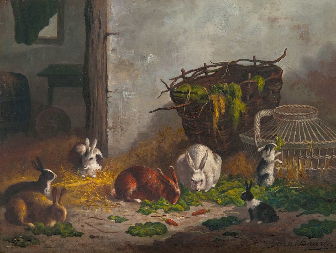 Baarle N. van | Nicolaas 'Nico' van Baarle, Voedertijd in de konijnenstal, olieverf op paneel 27,0 x 36,3 cm, gesigneerd rechtsonder