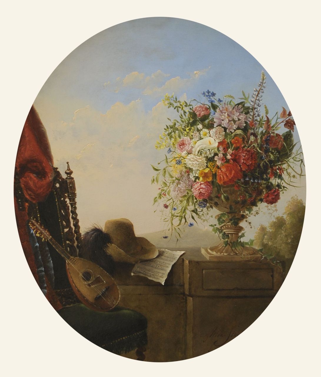 Stolk A.E. van | 'Alida' Elisabeth van Stolk | Schilderijen te koop aangeboden | Stilleven met pronkboeket, hoed en mandoline, olieverf op paneel 51,0 x 42,0 cm, gesigneerd rechtsonder en gedateerd 1853
