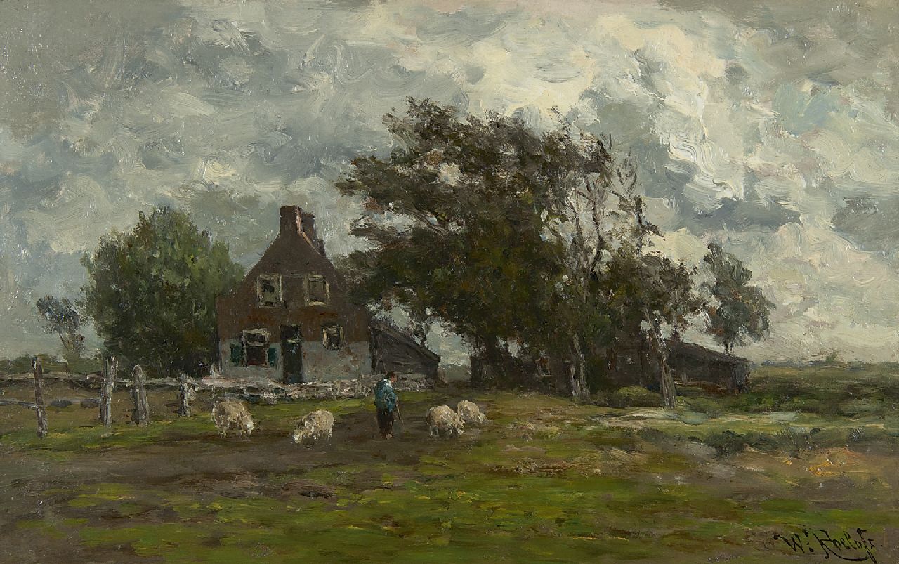 Roelofs W.  | Willem Roelofs, Landschap met schapen bij een boerenhuis, olieverf op doek op paneel 27,7 x 44,0 cm, gesigneerd rechtsonder