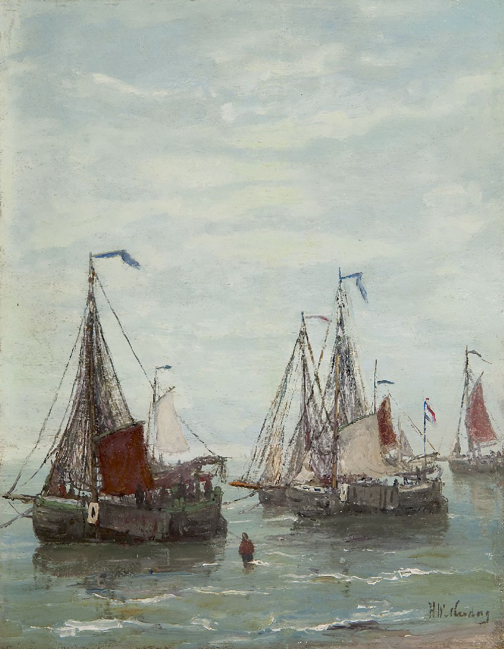 Mesdag H.W.  | Hendrik Willem Mesdag, Pinken voor anker bij het strand, olieverf op paneel 32,2 x 25,2 cm, gesigneerd rechtsonder en te dateren ca. 1885