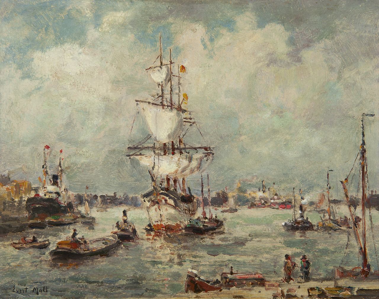 Moll E.  | Evert Moll, Driemaster in de haven van Rotterdam, olieverf op schildersboard 24,0 x 30,5 cm, gesigneerd linksonder