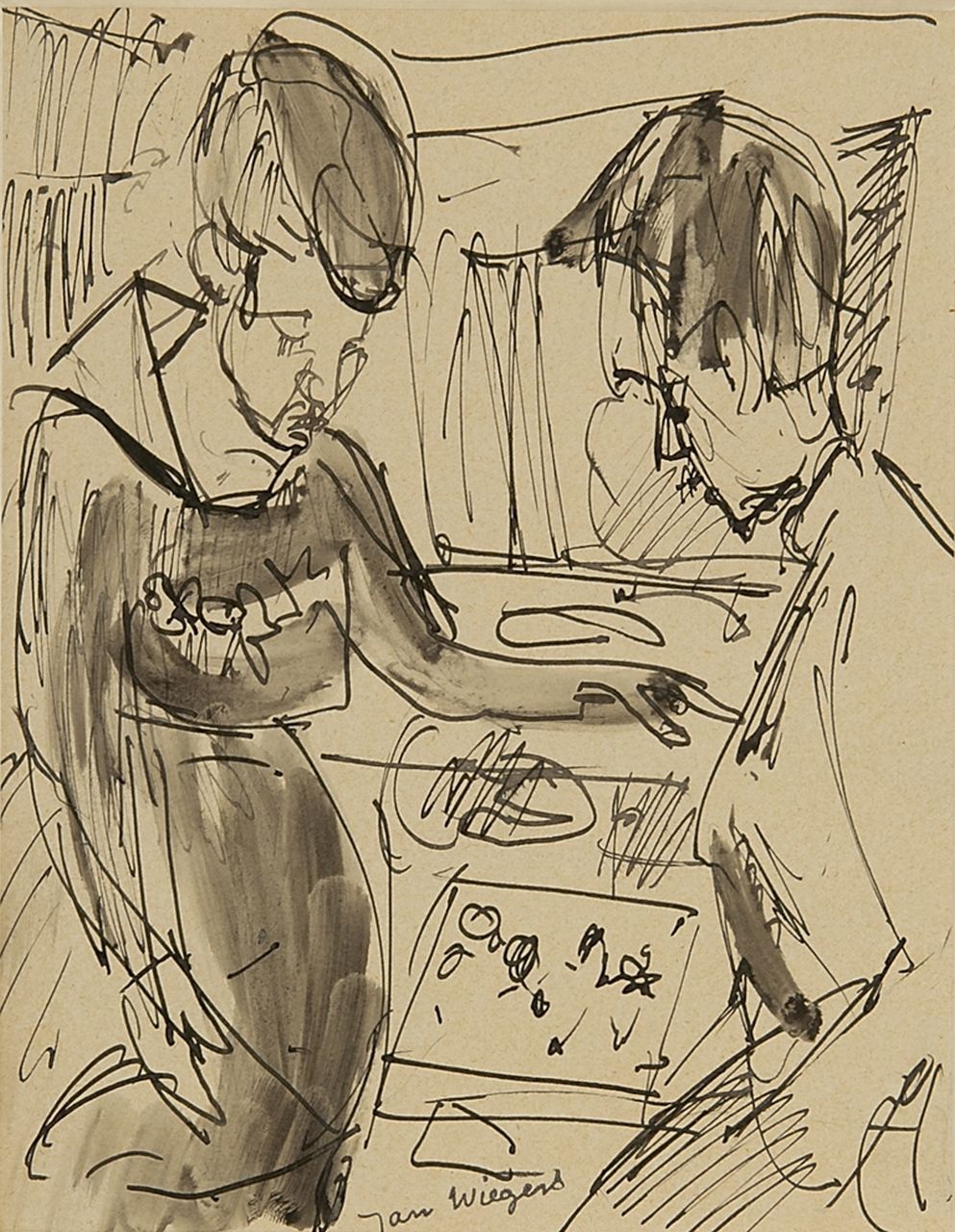 Wiegers J.  | Jan Wiegers, Bij de juwelier, pen, penseel en inkt op papier 21,6 x 17,5 cm, gesigneerd middenonder en verso