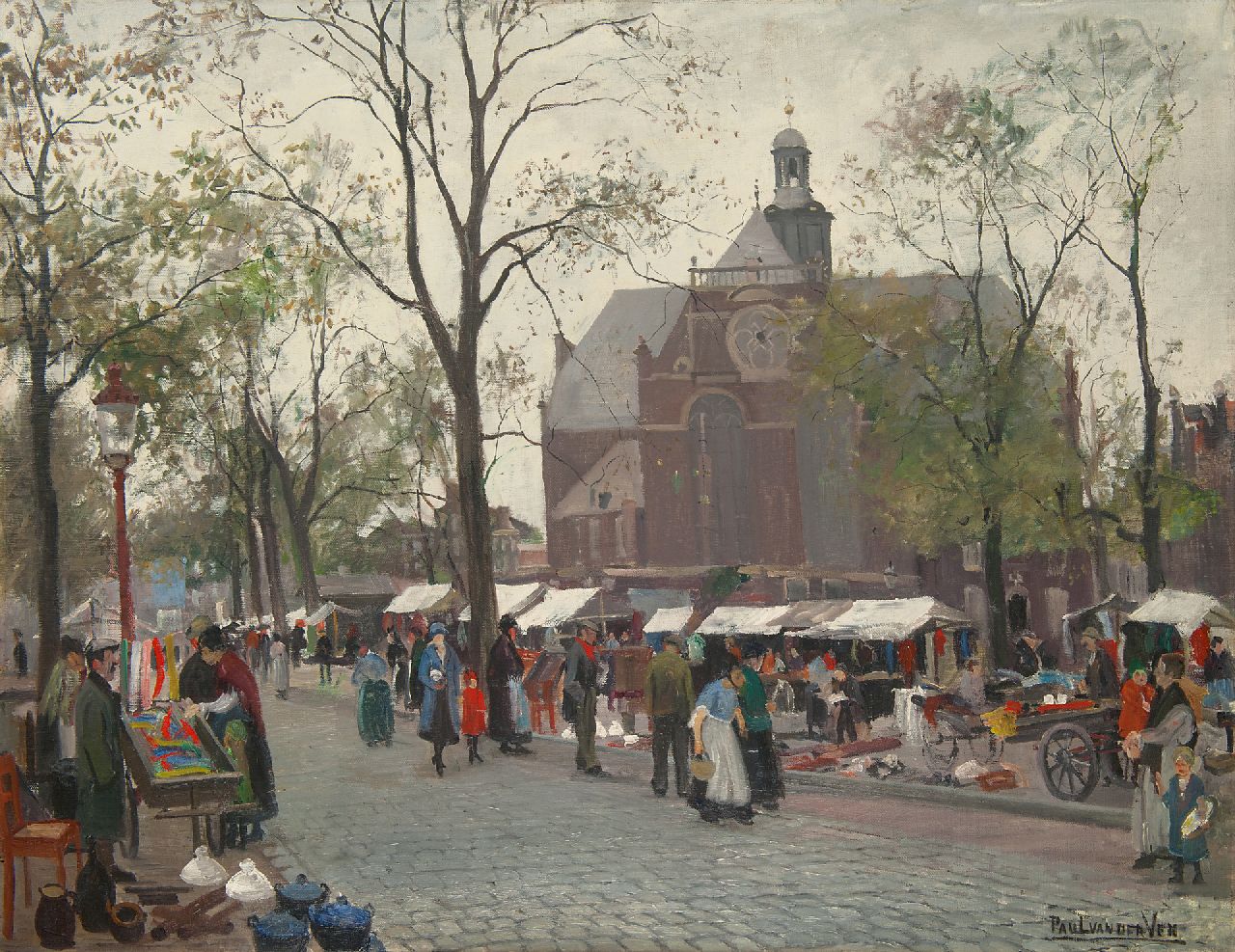 Ven P.J. van der | 'Paul' Jan van der Ven | Schilderijen te koop aangeboden | De Noordermarkt, Amsterdam, olieverf op doek 84,4 x 109,8 cm, gesigneerd rechtsonder en op spieraam