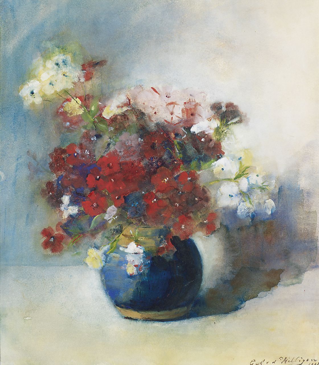 Chrisje van der Willigen | Bloemen in blauwe pot, aquarel op papier, 42,0 x 37,5 cm, gesigneerd r.o. en gedateerd 1902