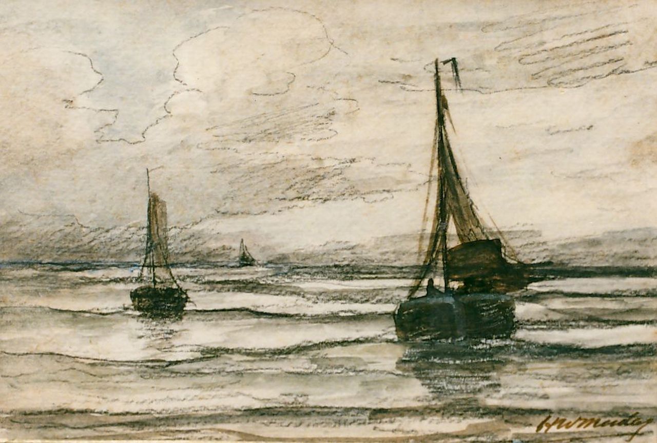 Mesdag H.W.  | Hendrik Willem Mesdag, Bomschuiten op zee, potlood en aquarel op papier 13,5 x 19,5 cm, gesigneerd rechtsonder