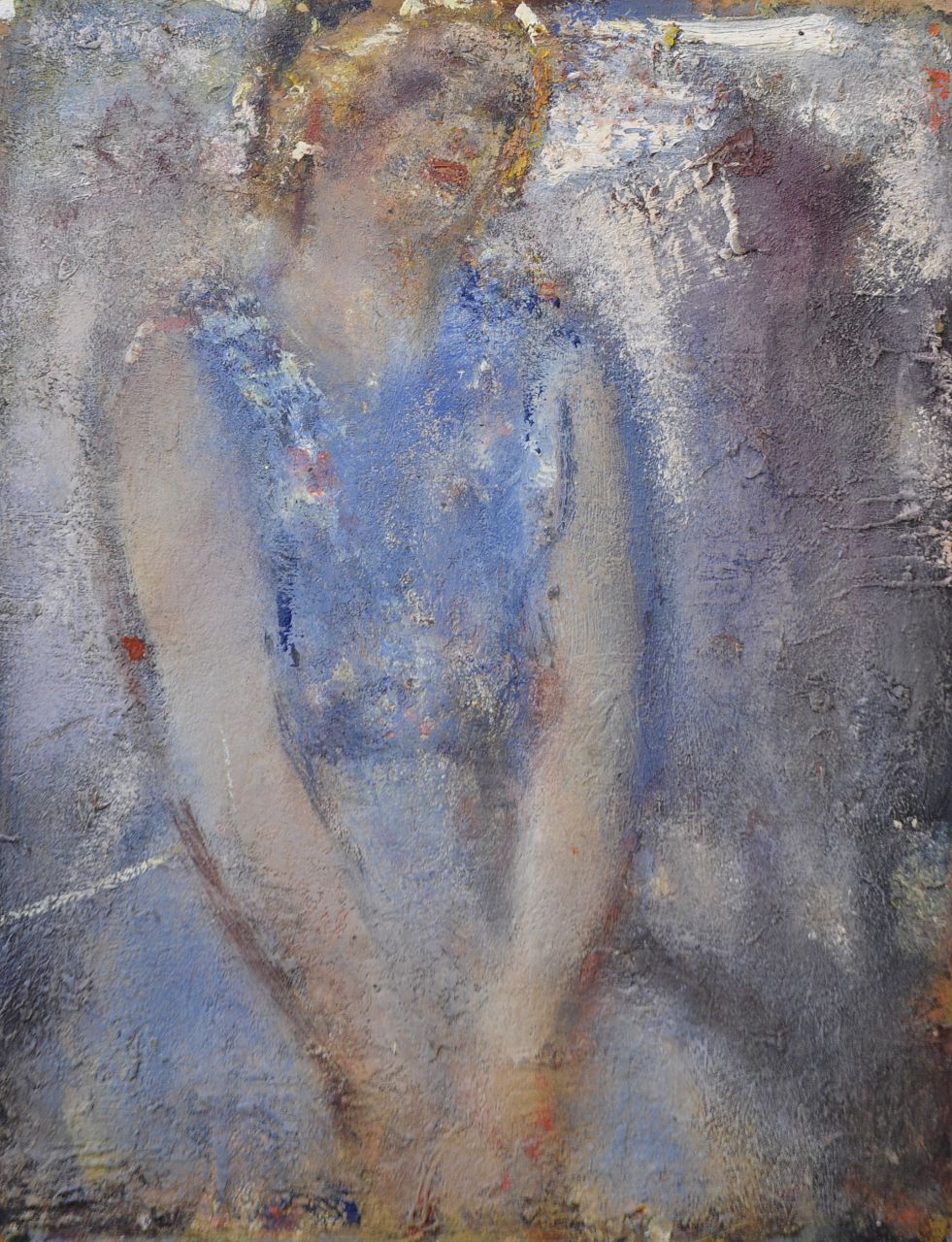 Westermann G.B.J.  | Gerhardus Bernardus Josephus 'Gerard' Westermann | Schilderijen te koop aangeboden | Zittende vrouw in blauwe jurk, olieverf op board 26,7 x 21,6 cm