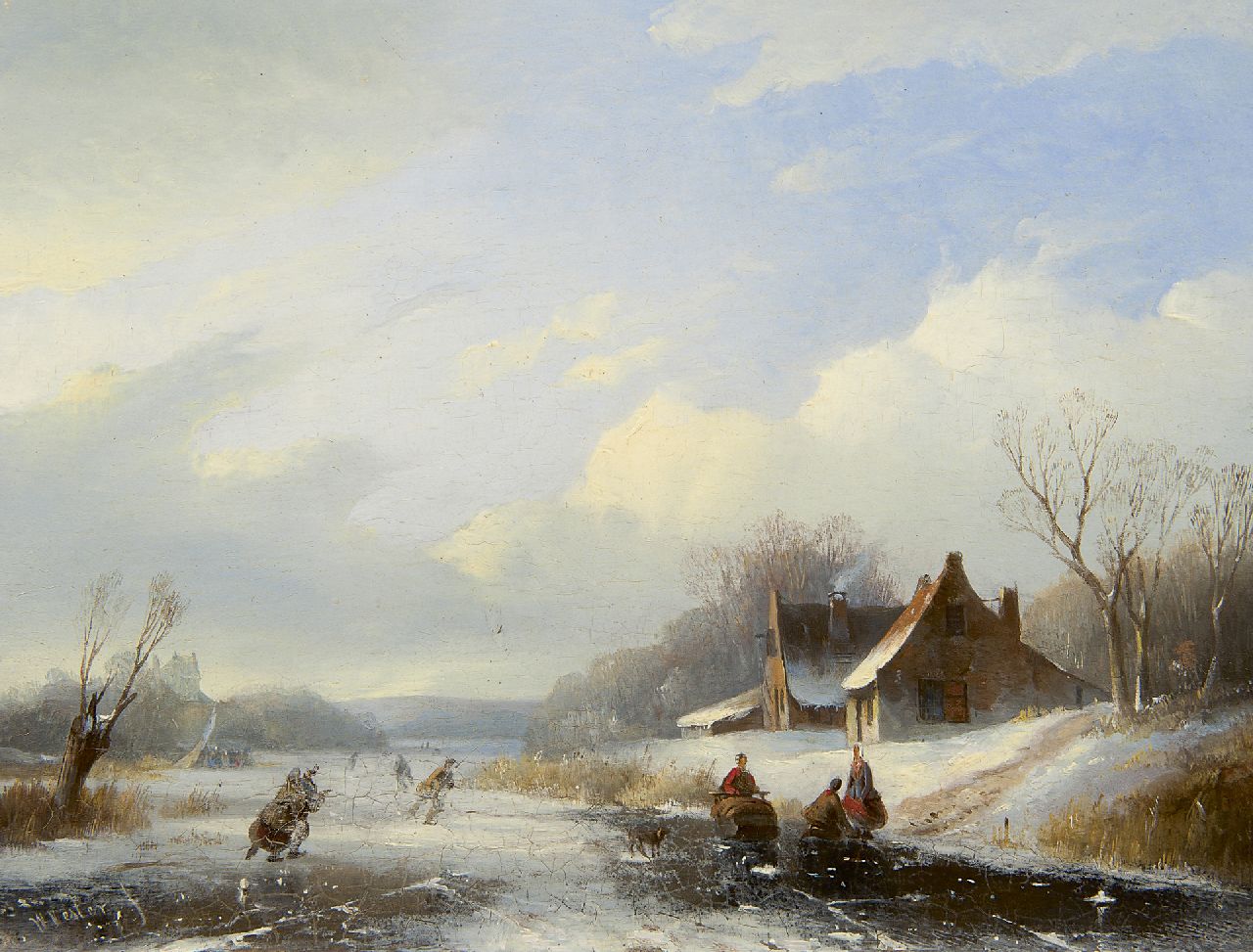 Vester W.  | Willem Vester, Winters landschap met schaatsers en koek-en-zopie, olieverf op paneel 21,5 x 28,3 cm, gesigneerd linksonder