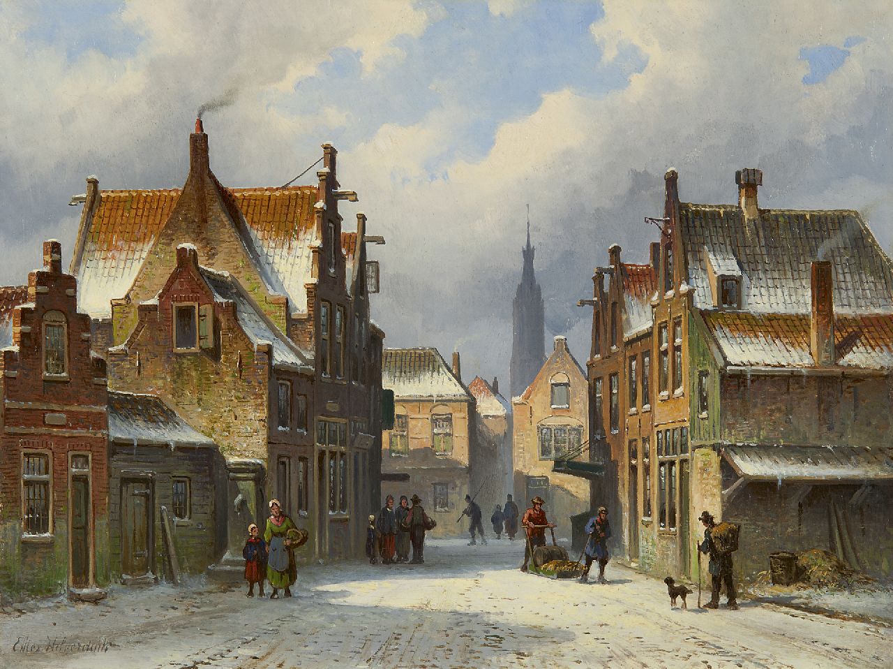 Hilverdink E.A.  | Eduard Alexander Hilverdink, Besneeuwde dorpsstraat met de Nieuwe Kerk van Delft in de verte, olieverf op paneel 26,4 x 35,0 cm, gesigneerd linksonder