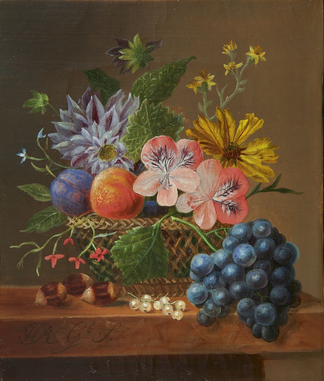 Onbekend   | Onbekend | Schilderijen te koop aangeboden | Stilleven met bloemen en fruit in een mand, olieverf op doek 21,5 x 18,0 cm, gesigneerd linksonder 'H R. geboren S.