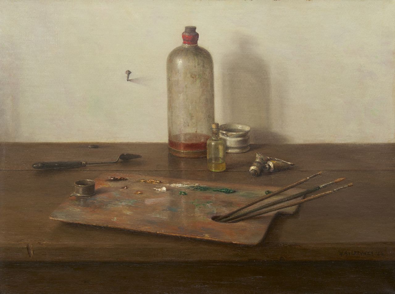 Willem van Leeuwen | Stilleven met schildersattributen, olieverf op doek, 45,2 x 60,2 cm, gesigneerd r.o. en gedateerd '54