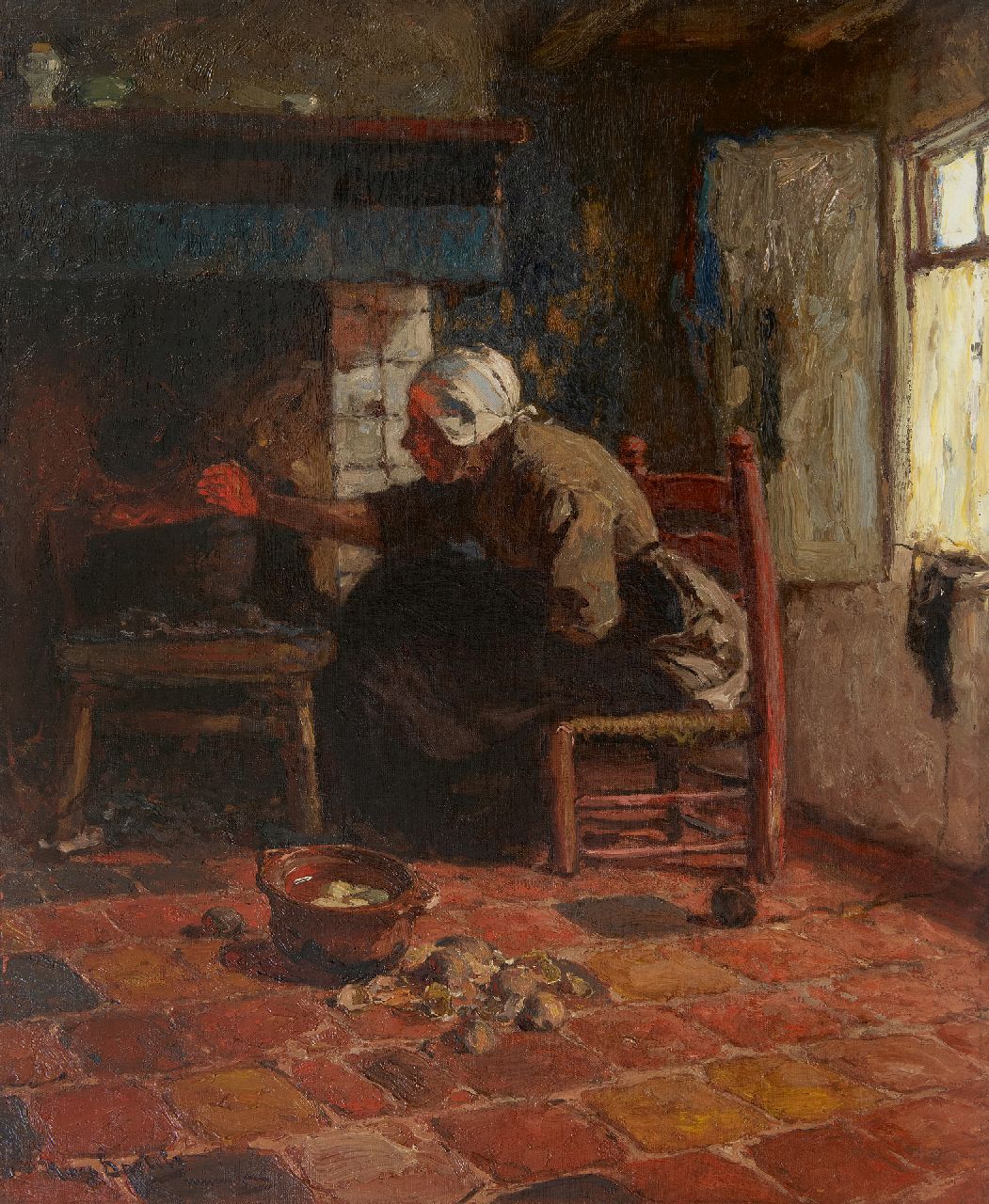 Bartels H. von | Hans von Bartels | Schilderijen te koop aangeboden | Katwijkse vrouw bij het haardvuur, olieverf op doek 67,3 x 55,0 cm, gesigneerd linksonder