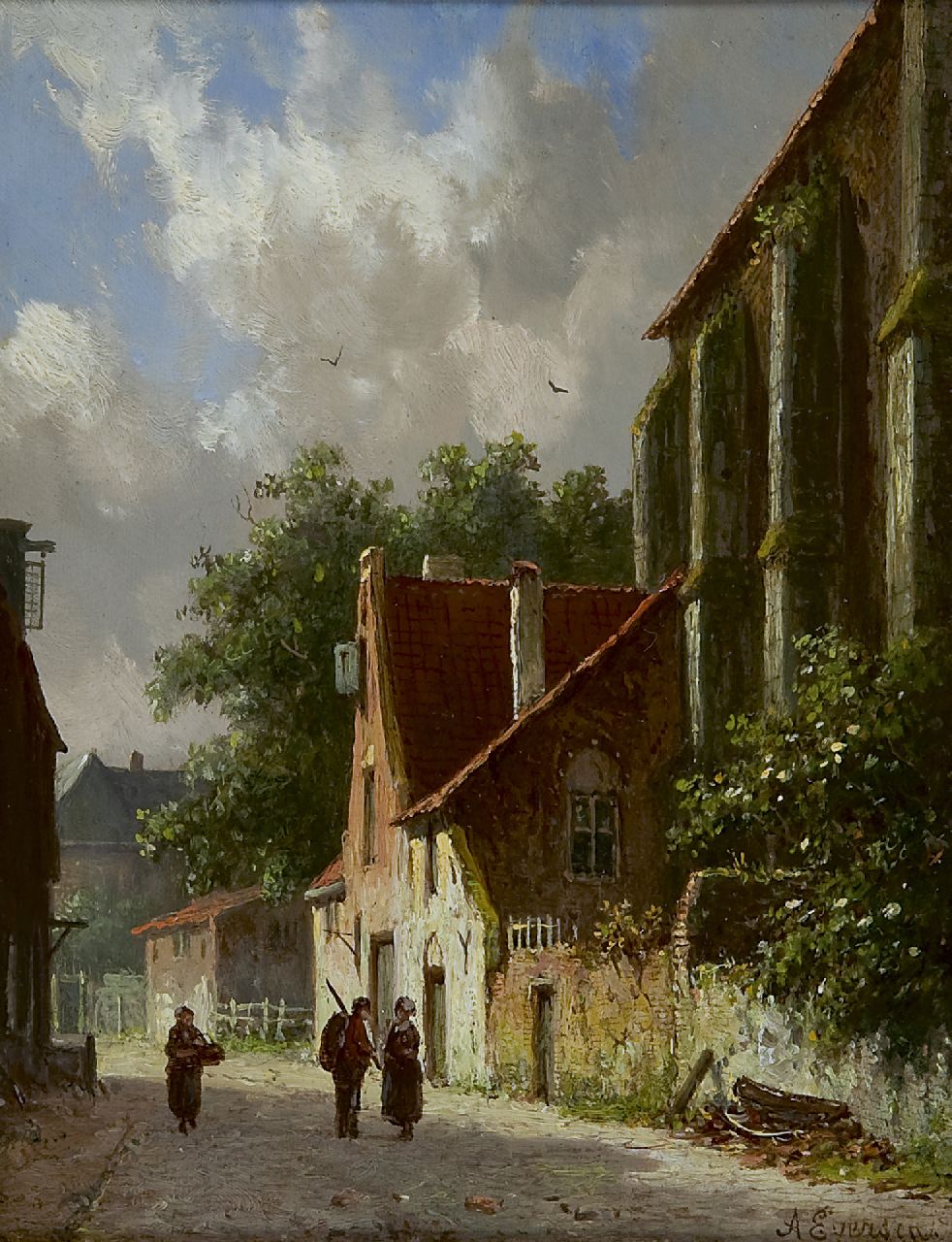 Eversen A.  | Adrianus Eversen, Figuren in zonnig dorpsstraatje, olieverf op paneel 18,9 x 14,9 cm, gesigneerd rechtsonder en verso op etiket