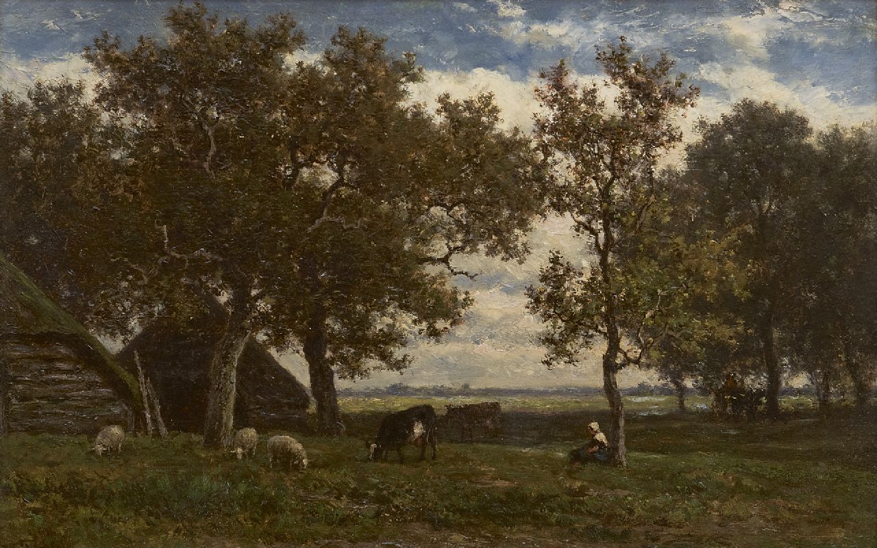 Roelofs W.  | Willem Roelofs | Schilderijen te koop aangeboden | Drents boerenlandschap met herderin, koeien en schapen, olieverf op paneel 23,2 x 36,0 cm, gesigneerd linksonder en te dateren ca. 1861-1867