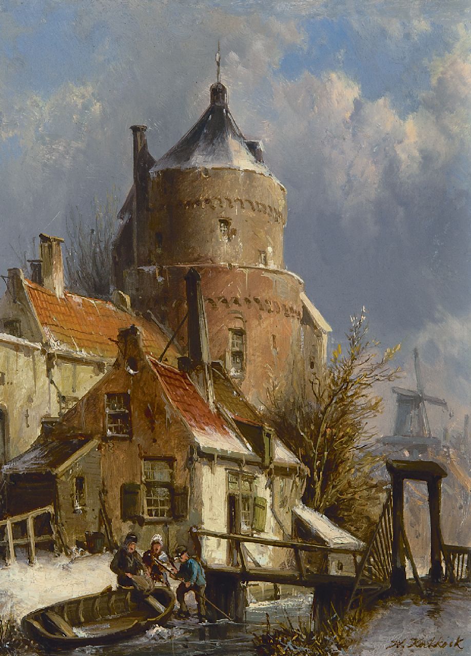 Koekkoek W.  | Willem Koekkoek, Winters stadsgezicht met oude vestingtoren, olieverf op paneel 21,0 x 15,6 cm, gesigneerd rechtsonder