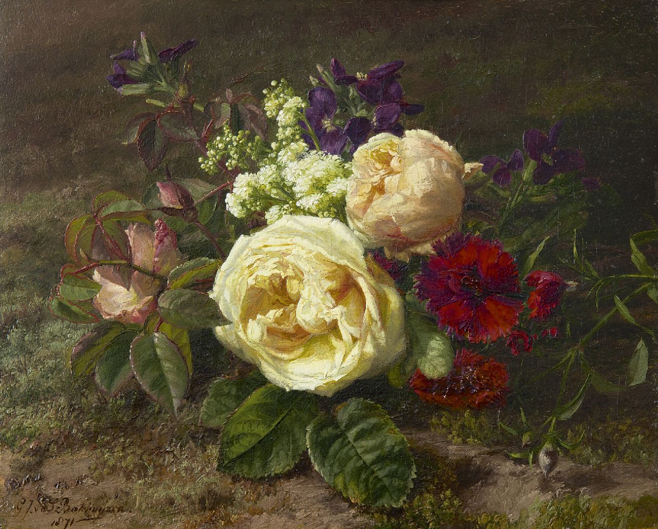 Sande Bakhuyzen G.J. van de | 'Gerardine' Jacoba van de Sande Bakhuyzen, Zomerbloemen op de bosgrond, olieverf op paneel 23,0 x 28,7 cm, gesigneerd linksonder en gedateerd 1871