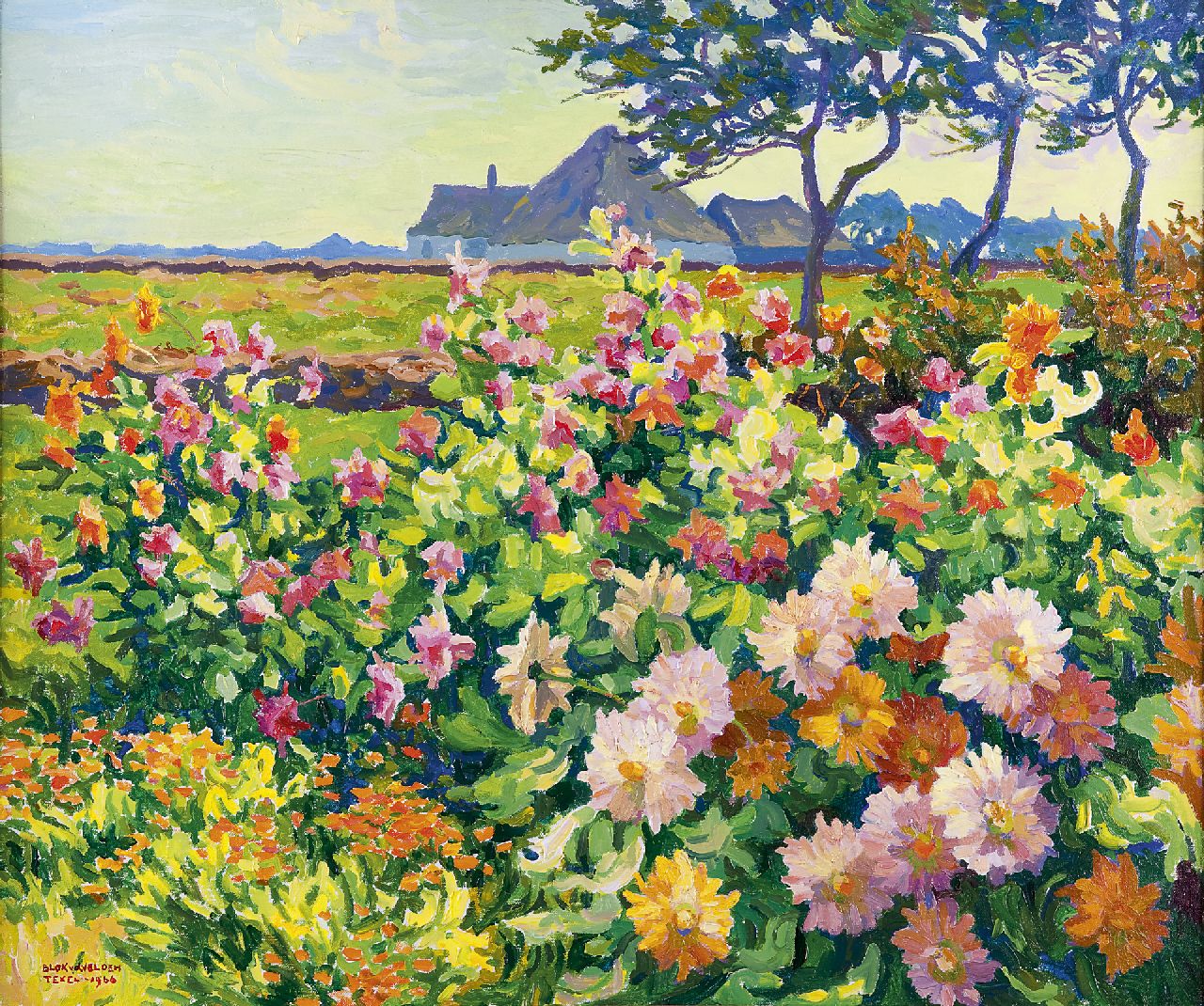 Blok van der Velden A.D.  | Adrianus Dirk 'Ad' Blok van der Velden, Boerentuintje met chrysanten en dahlia's op Texel, olieverf op doek 50,3 x 60,5 cm, gesigneerd linksonder en gedateerd 'Texel 1966'