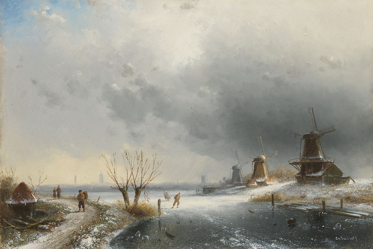 Leickert C.H.J.  | 'Charles' Henri Joseph Leickert, Winters rivierlandschap met poldermolens en figuren, olieverf op paneel 31,9 x 47,2 cm, gesigneerd rechtsonder