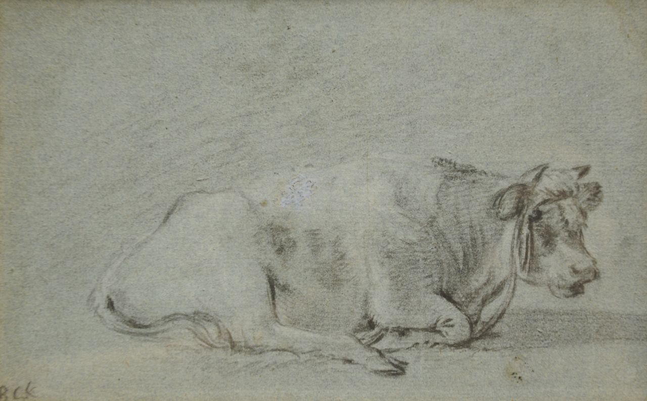 Koekkoek B.C.  | Barend Cornelis Koekkoek, Studie van een rustende koe, krijt op gekleurd papier 13,2 x 21,0 cm, gesigneerd linksonder met initialen