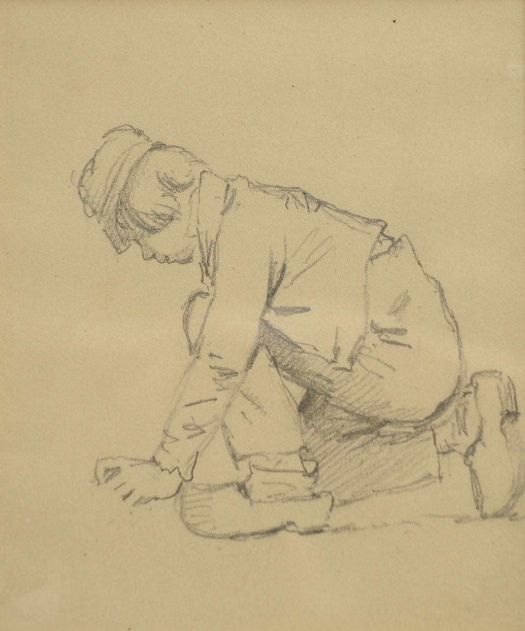 Koekkoek B.C.  | Barend Cornelis Koekkoek, Studie van een knielende boerenjongen, krijt op papier 12,8 x 10,2 cm