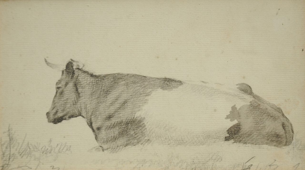 Koekkoek B.C.  | Barend Cornelis Koekkoek, Studie van een rustende koe, krijt en aquarel op papier 10,1 x 18,2 cm