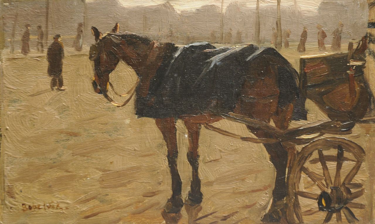 Bobeldijk F.  | Felicien Bobeldijk, Wachtend paard met koets, olieverf op doek op board 13,4 x 22,0 cm, gesigneerd linksonder