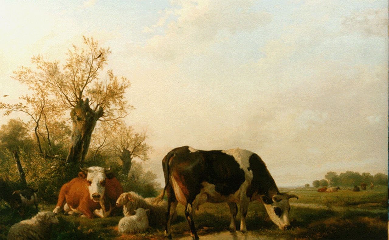 Sande Bakhuyzen H. van de | Hendrikus van de Sande Bakhuyzen, Koeien in een Hollands landschap, olieverf op paneel 86,0 x 116,2 cm, gesigneerd linksonder en gedateerd 1844