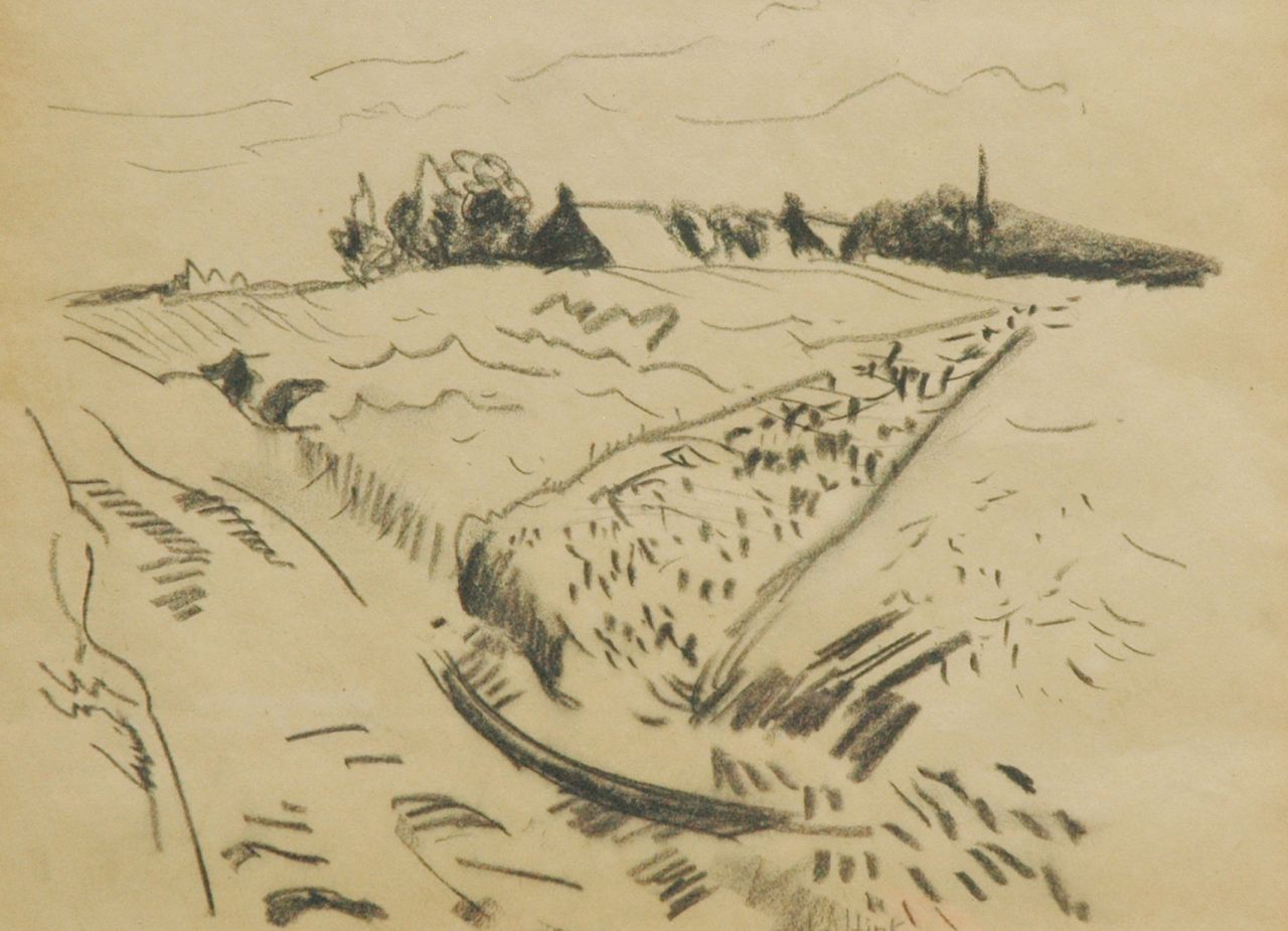 Altink J.  | Jan Altink, Korenlandschap Drenthe, zwart krijt op papier 26,5 x 36,2 cm, gesigneerd middenonder en te dateren ca. 1930