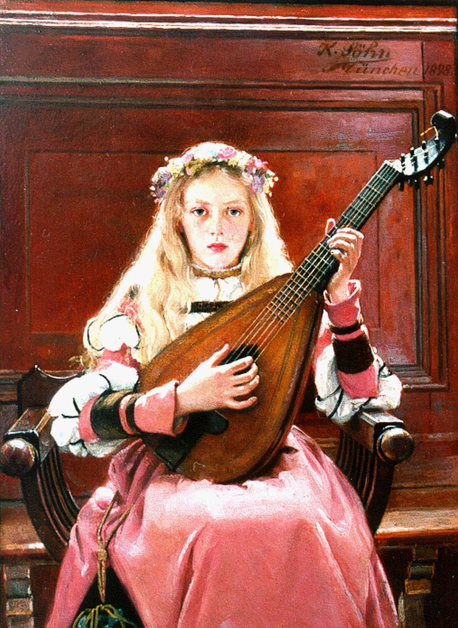 Sohn K.W.  | Karl Wilhelm Sohn, Meisje met luit, olieverf op paneel 18,0 x 13,7 cm, gesigneerd rechtsboven en gedateerd 1898