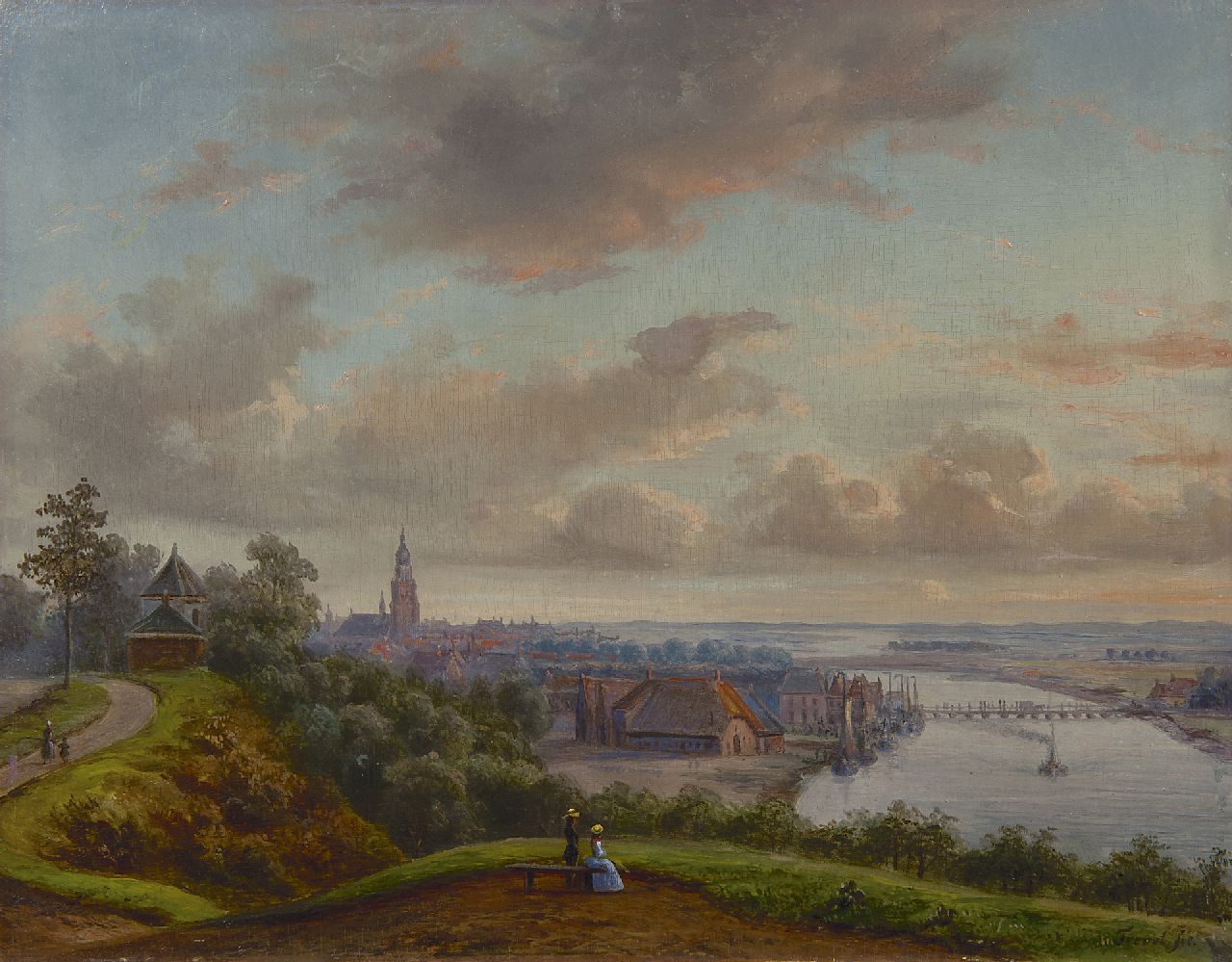 Troost W.  | Willem Troost, Gezicht op de Rijn en Arnhem vanaf Bovenover, olieverf op paneel 24,1 x 30,9 cm, gesigneerd rechtsonder en op basis van de topografie te dateren ca. 1840